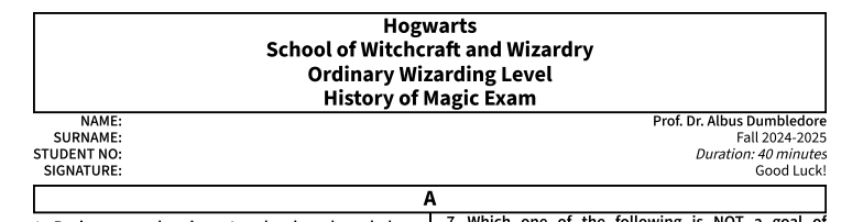 Sample exam header preview